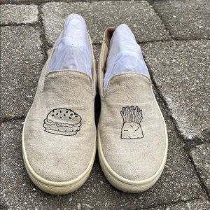 Beige Slip-On Shoes with Burger and Fries Embroidery